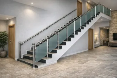 Buzlu cam detaylı iç mekan merdiven korkuluk sistemi